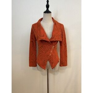 Anthro Moth Paisley Knit Jacquard Moto Jacket Orange XS Sweater Cardigan Boho